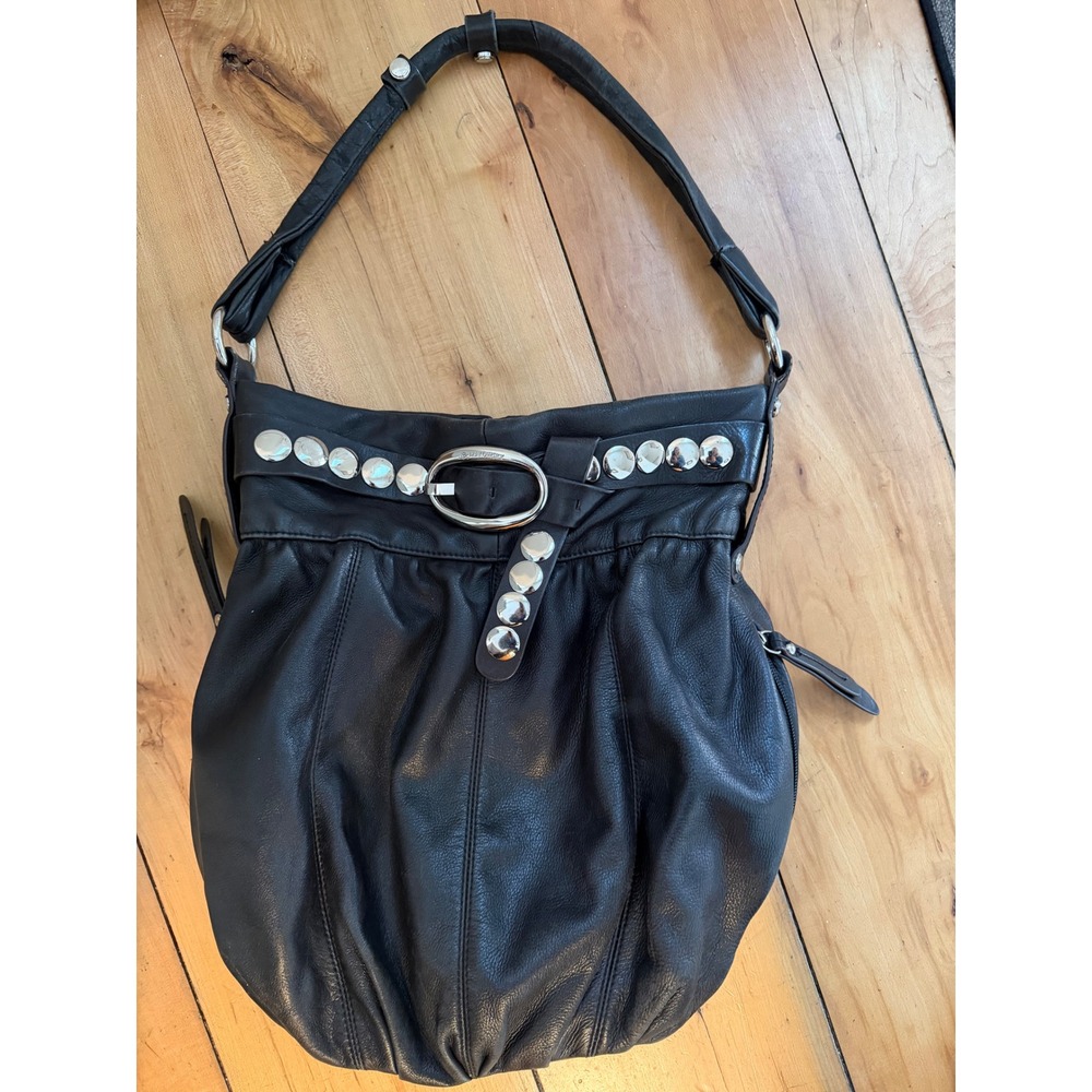 B. Makowsky Black Pebbled Leather Hobo Bag Silver Studded Leopard Print Lining